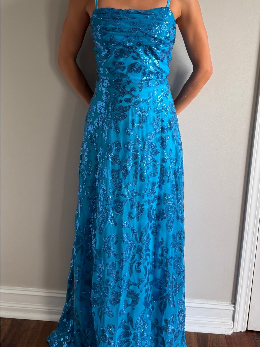 Blue Sequined Spaghetti-Strap Prom Dress